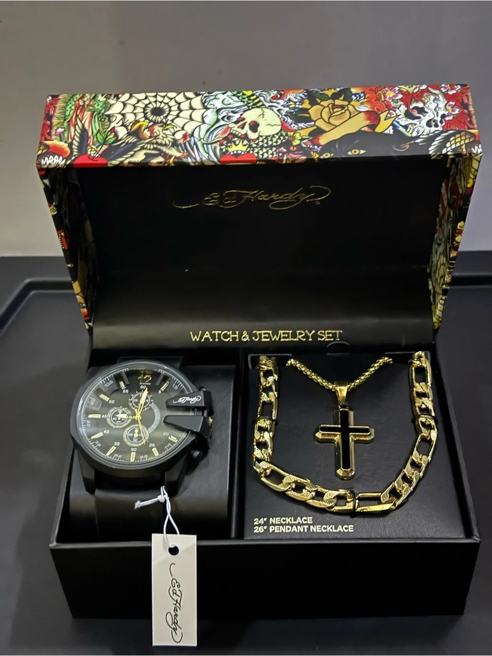 Ed Hardy Black and Gold Watch with Gold Cross Necklace Set